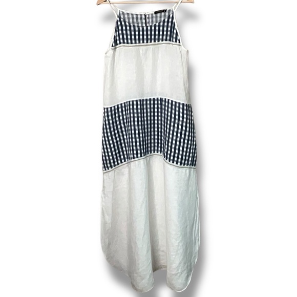 LUNGO L’ARNO 100% Linen Maxi Dress Spaghetti Straps Blue Gingham & White US Sz S - Picture 1 of 10